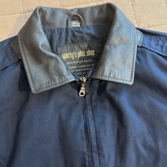Vtg Sporty's Pilot Shop Navy Blue Flight Bomber Leather Collar  Type A5 Jacket L - Picture 4 of 13